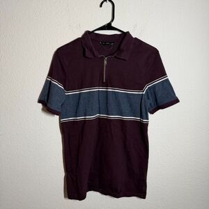 F&F Polo Shirt Mens Small Burgundy Striped Performance Quarter Zip Golf Tennis